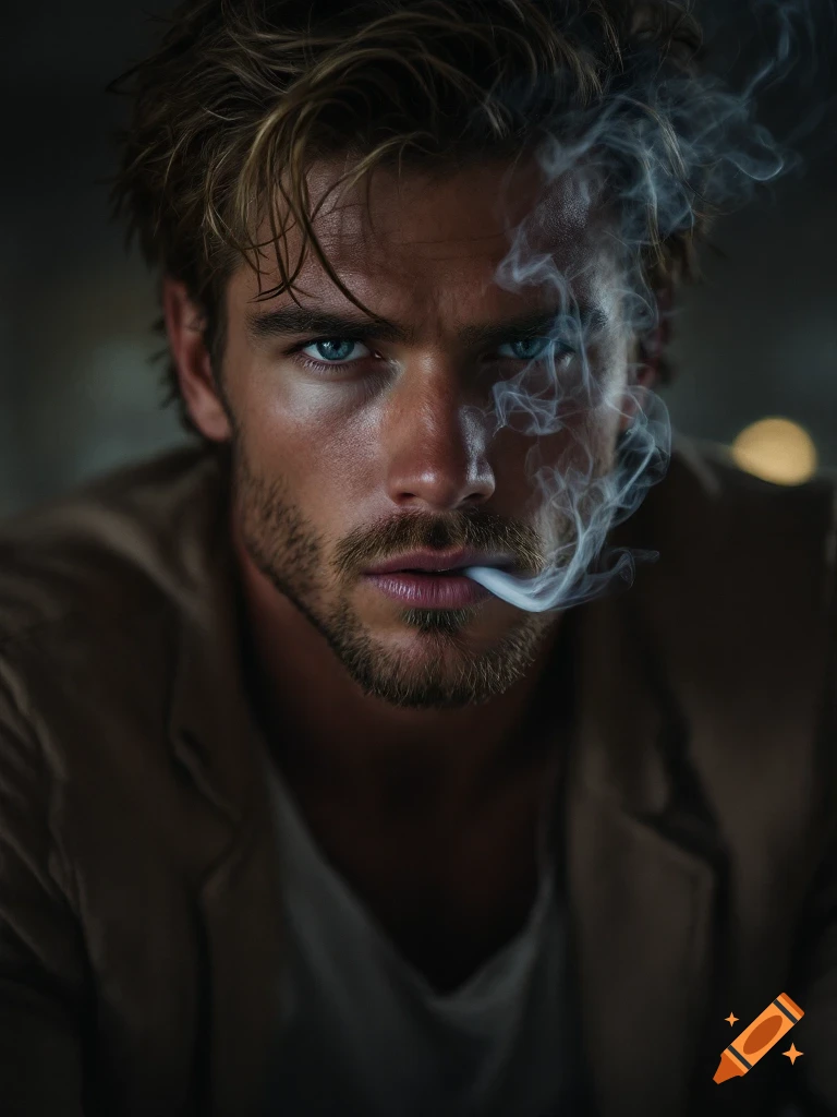 Photorealistic portrait of a man smoking.
