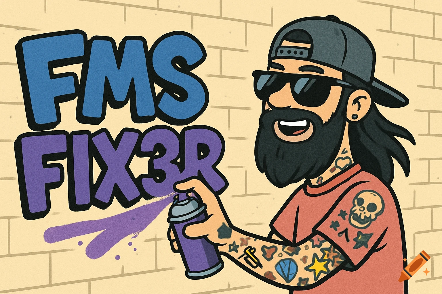 Cartoon illustration of a person doing graffiti on a wall with the text FMS FIX3R