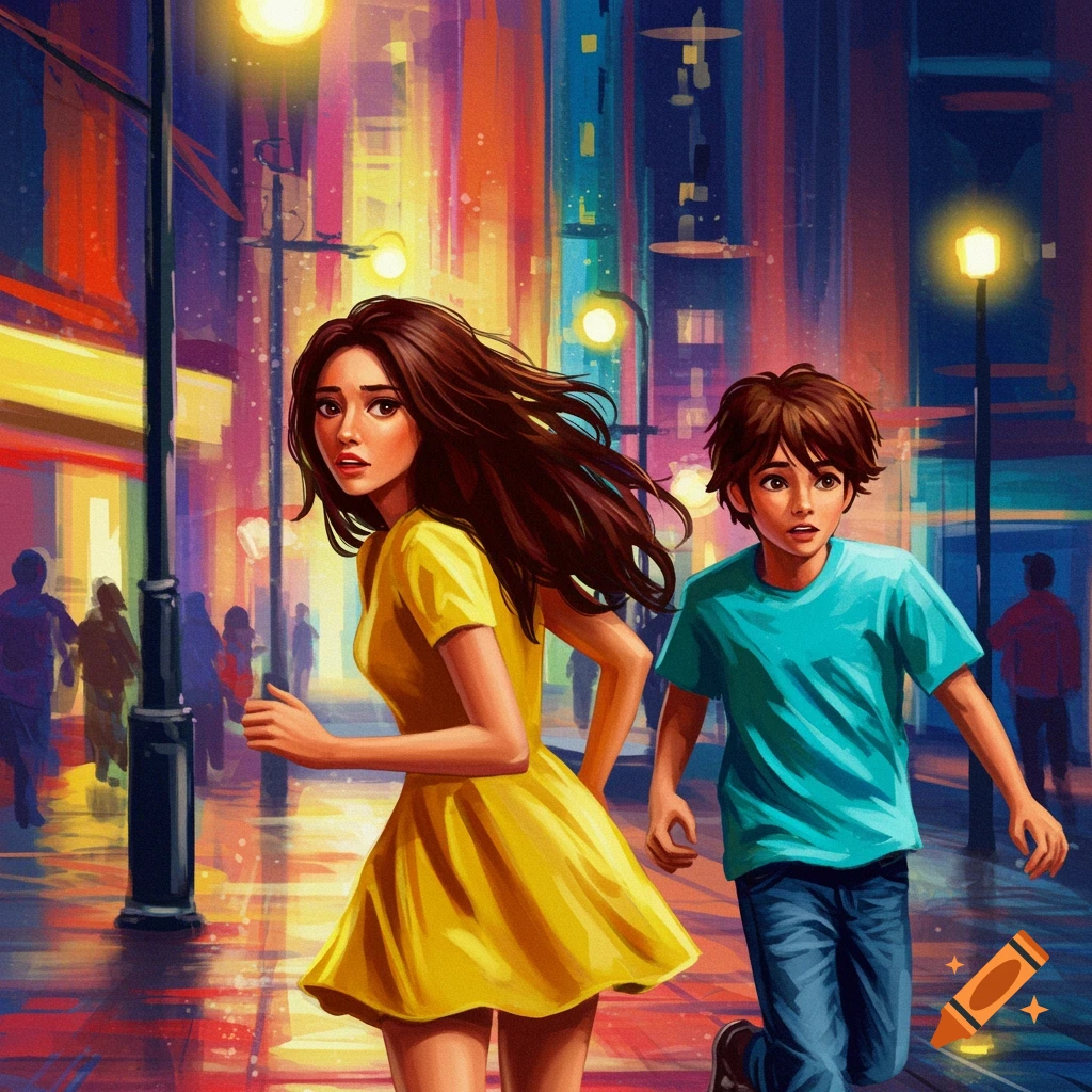 A vibrant image of a young woman and boy running through a blurry city street at night.