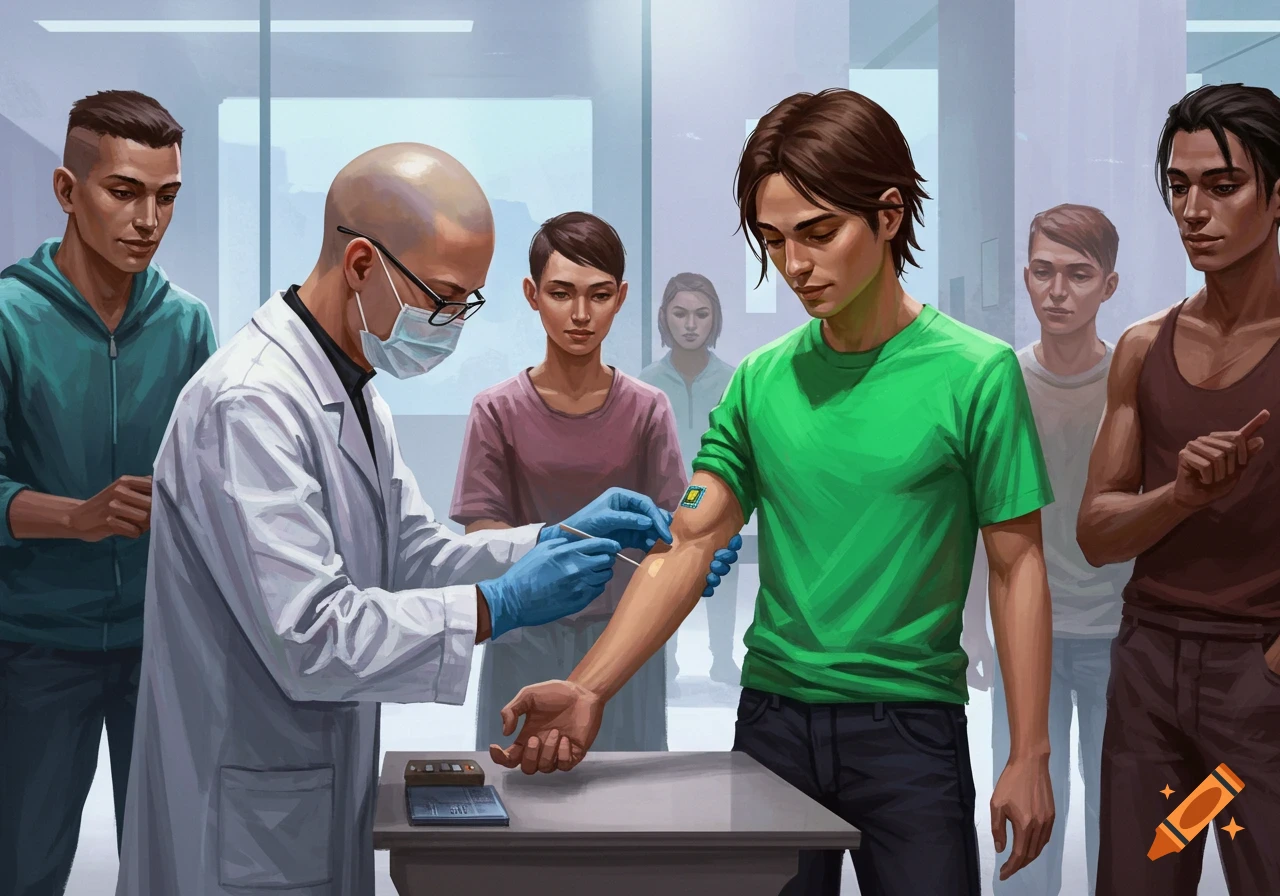 A medical professional places a chip on a young man's arm, observed by others.