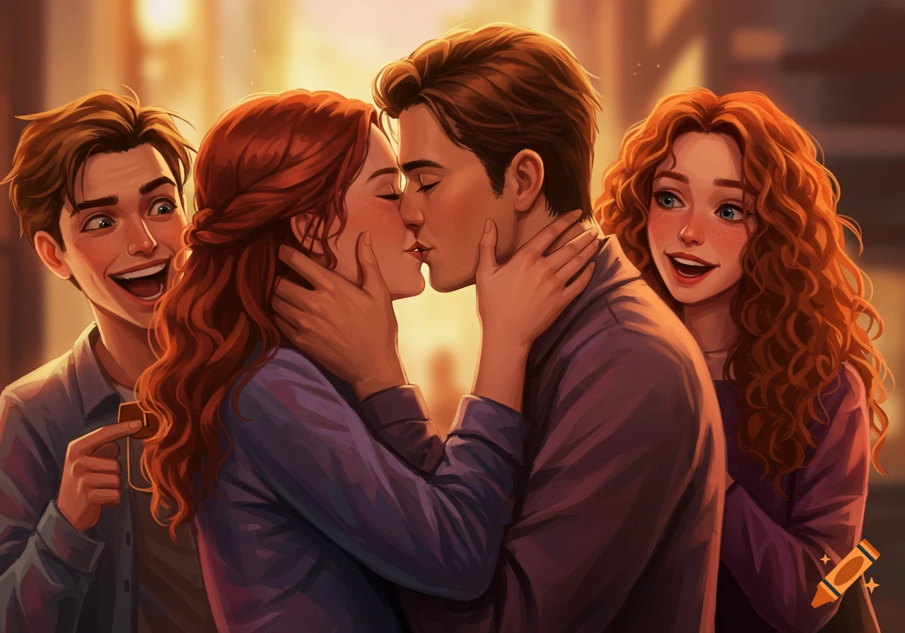 A couple kisses while two friends look on from the sides.