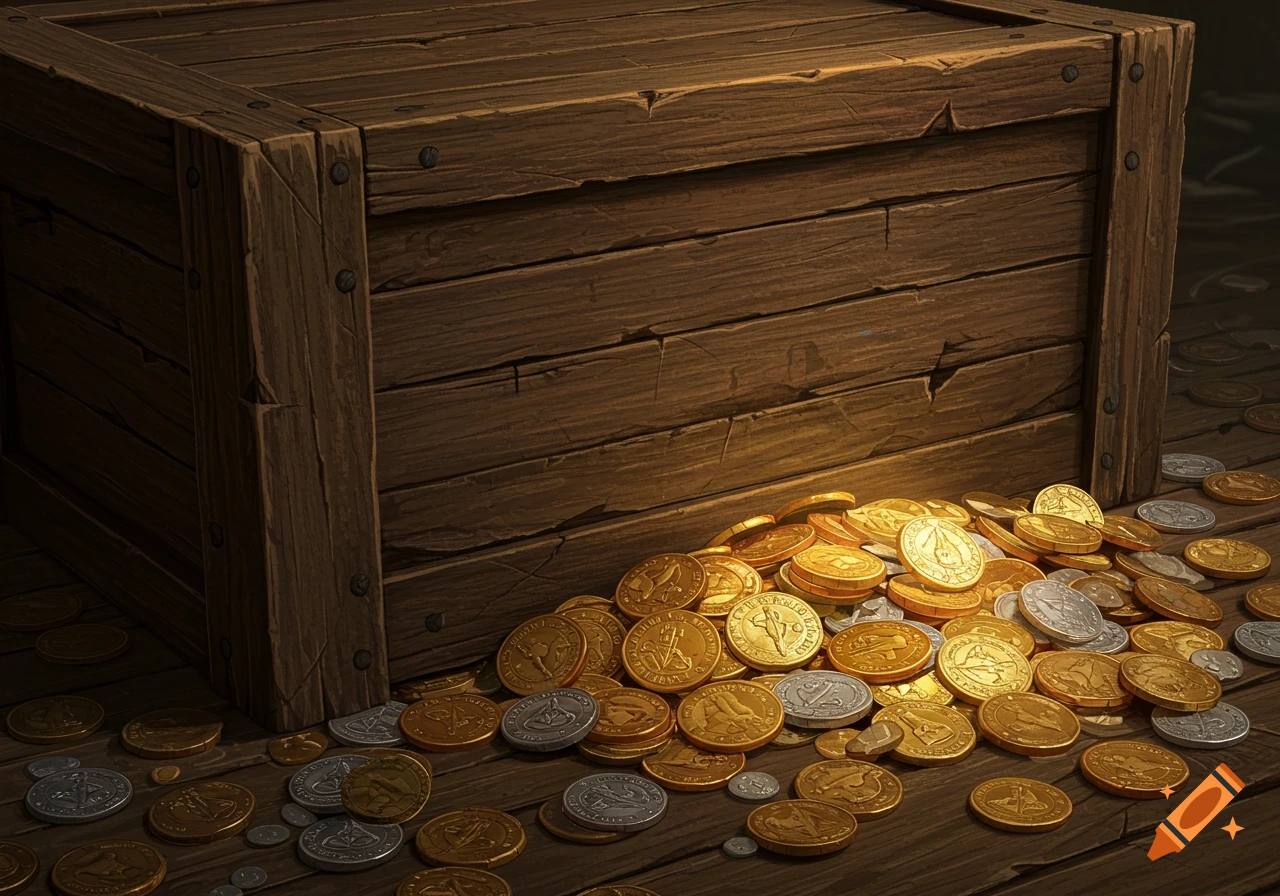 An old wooden crate overflows with a large pile of gold and silver coins spilling out onto a wooden surface.