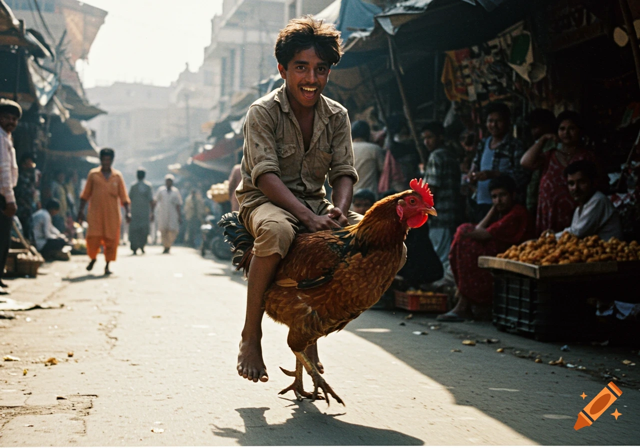 A young boy rides a large rooster down a busy street.