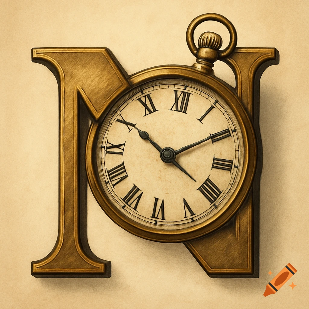 A brass letter N shaped like a pocket watch, featuring a clock face with Roman numerals.