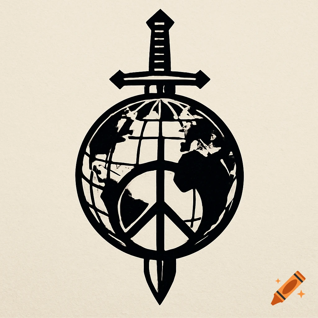 Black and white illustration of a globe with a peace sign, pierced by a sword.