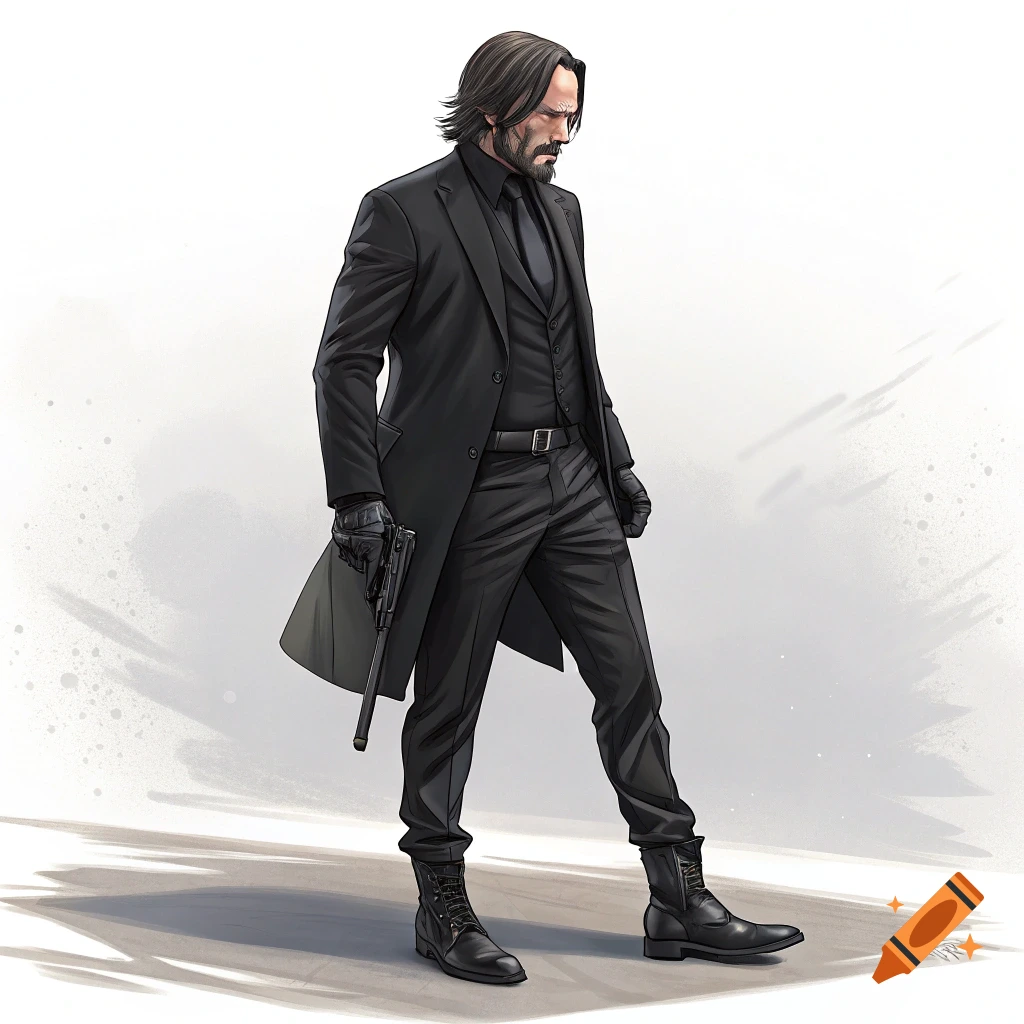 Stylized illustration of a man resembling John Wick in a black suit, holding a pistol.