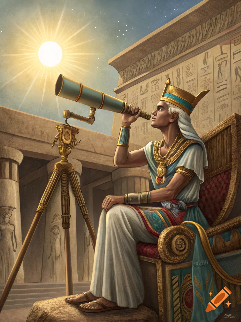 Egyptian Pharoah Akhenaten looking at the sun through a telescope in a temple