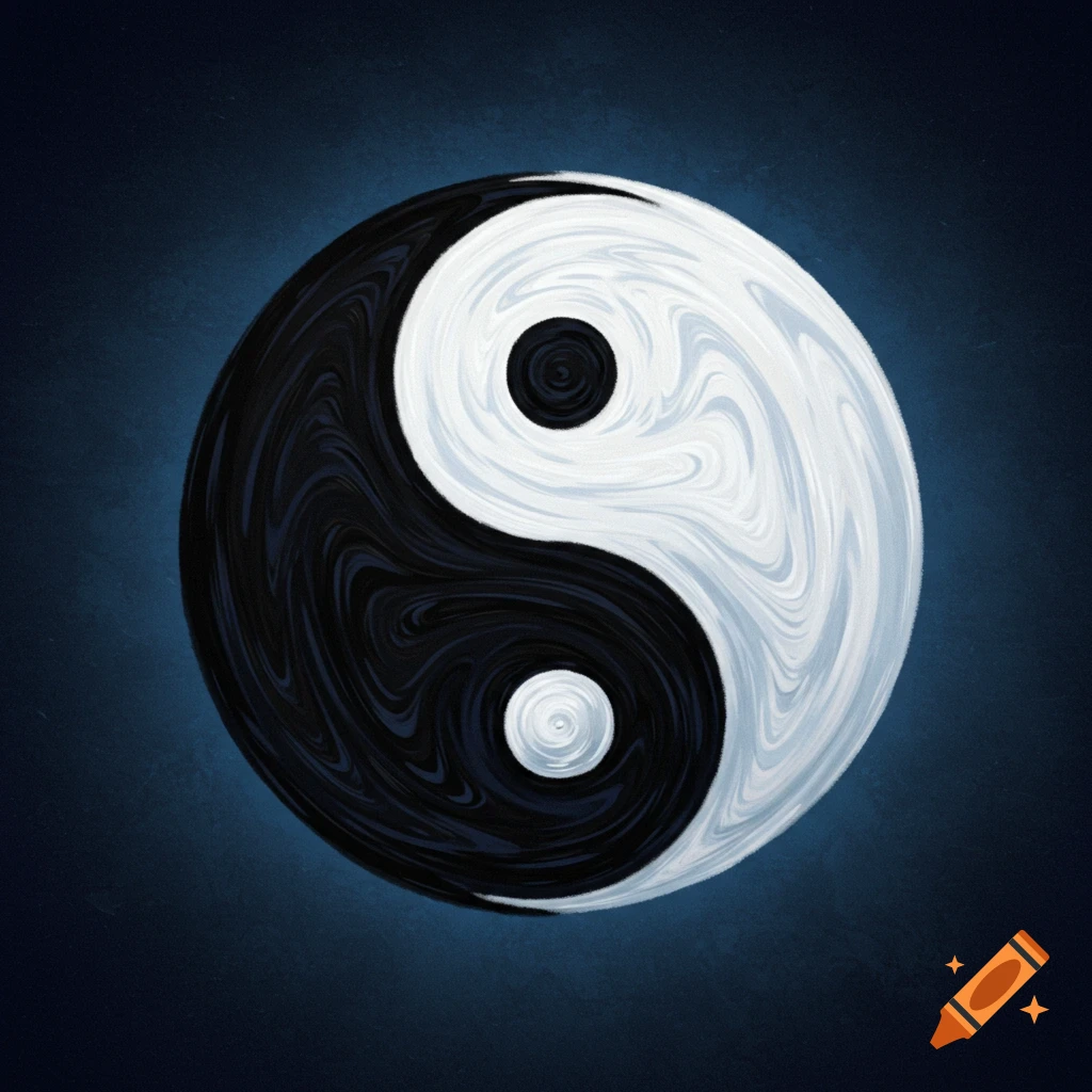 A swirling black and white Yin Yang symbol on a dark blue background.