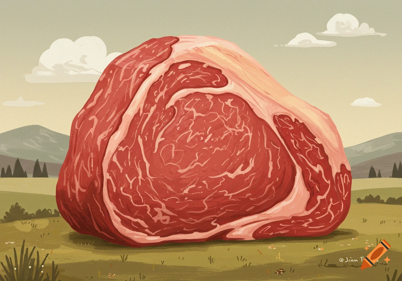 Giant raw beef cut sitting in a grassy field.