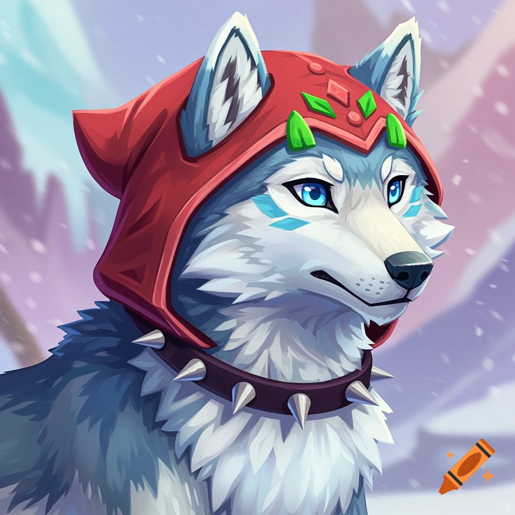 Stylized portrait of an arctic wolf wearing a red hood and spiked collar in a snowy landscape.