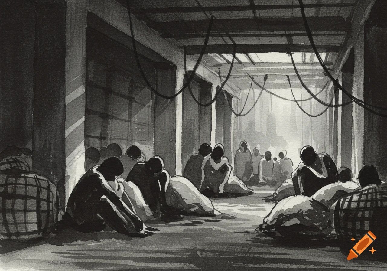 Ink wash illustration of people huddled together in a dark, somber cellar.