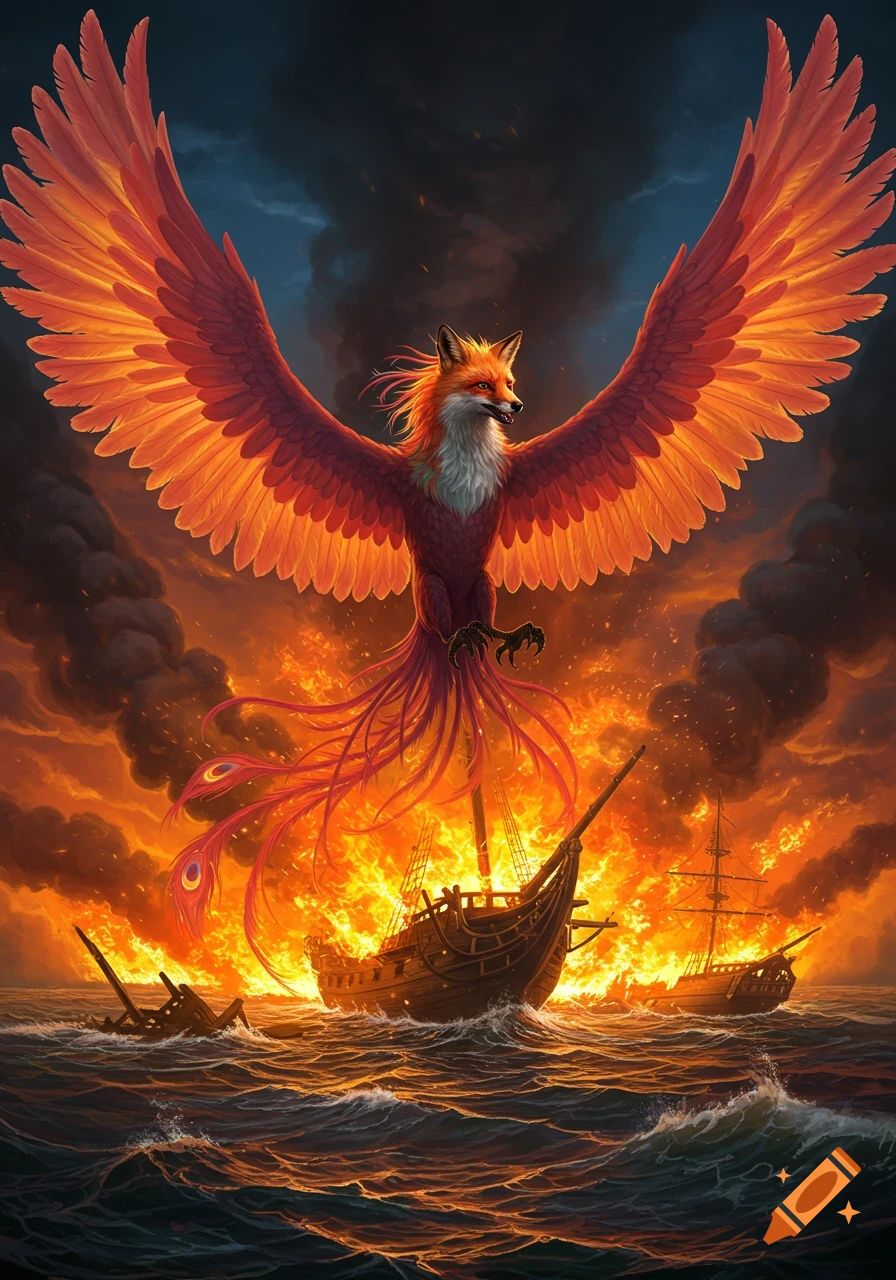 A majestic fox-headed phoenix with fiery wings flies over burning ships at sea.