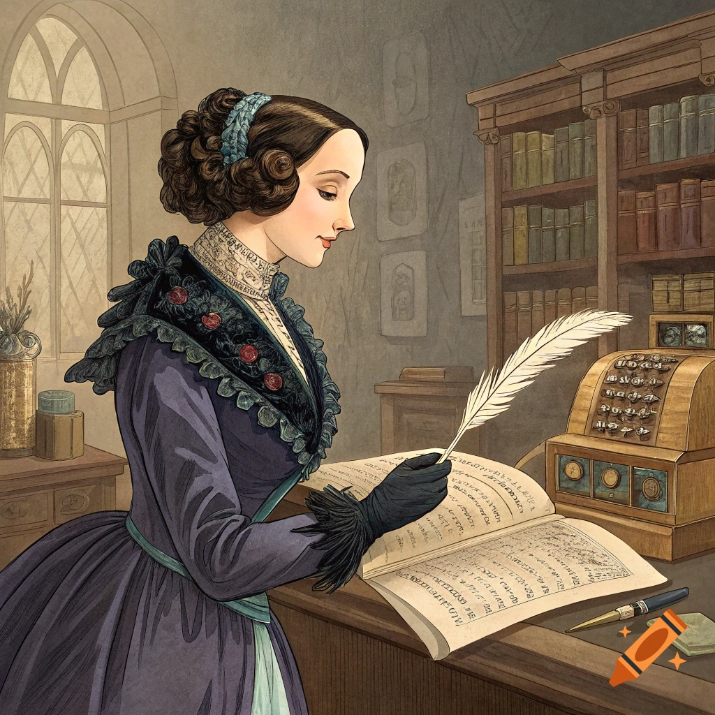 Illustration of a woman in historical dress writing with a quill in a large book, with an old machine and bookshelf.