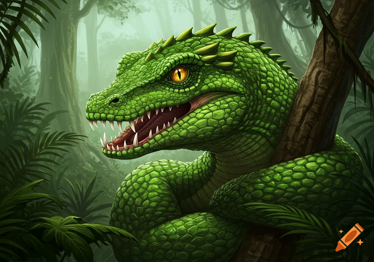 A green, scaly creature with sharp teeth and yellow eyes in a jungle.