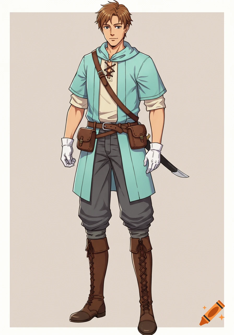 Full body anime illustration of a male explorer in a teal tunic, brown satchel, white gloves, and boots, with a sword.