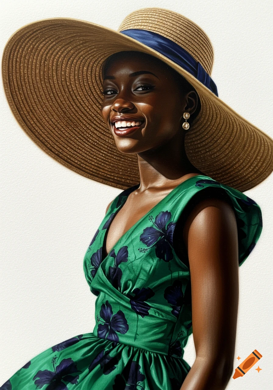Painting of a smiling woman in a large straw hat and green floral dress.