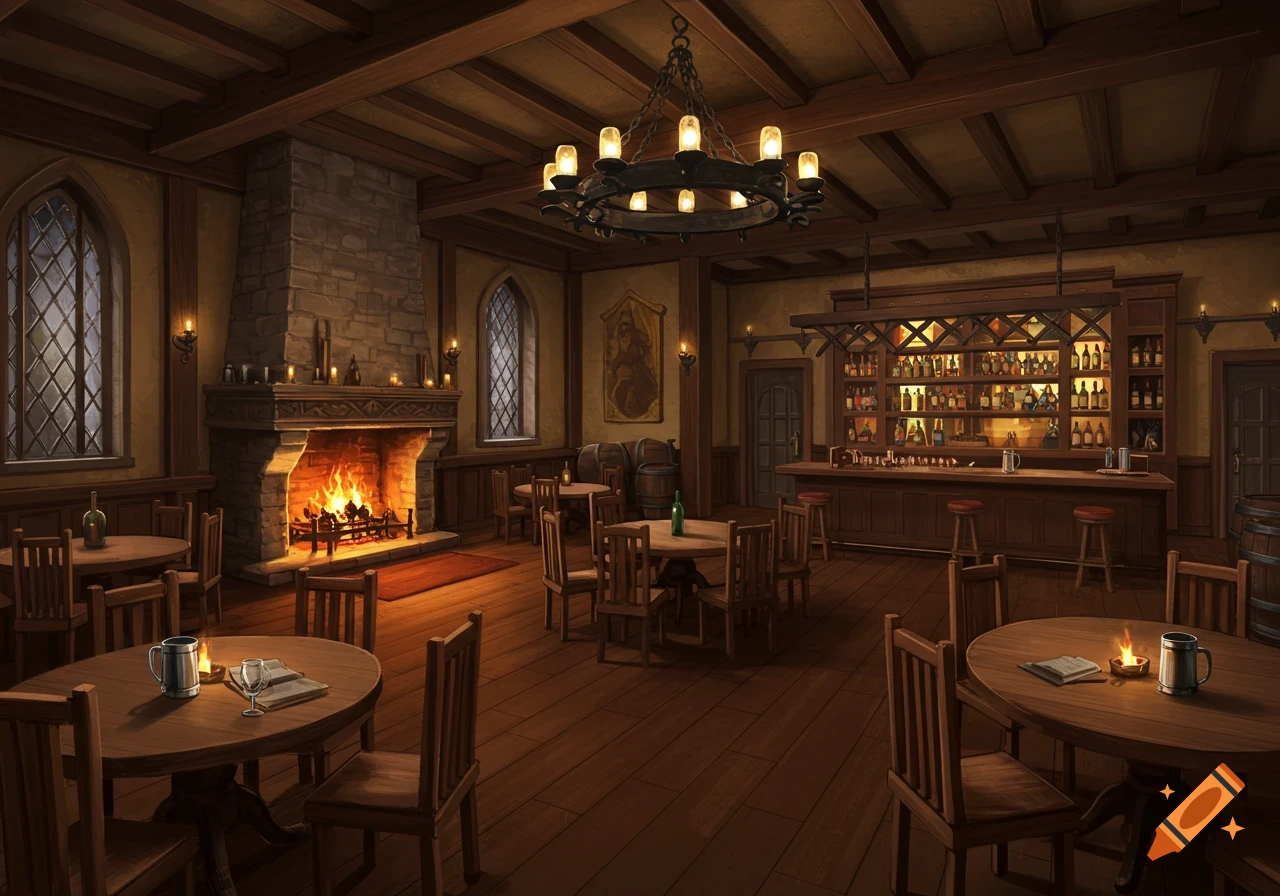 A fantasy medieval tavern interior with a fireplace, tables, and bar.