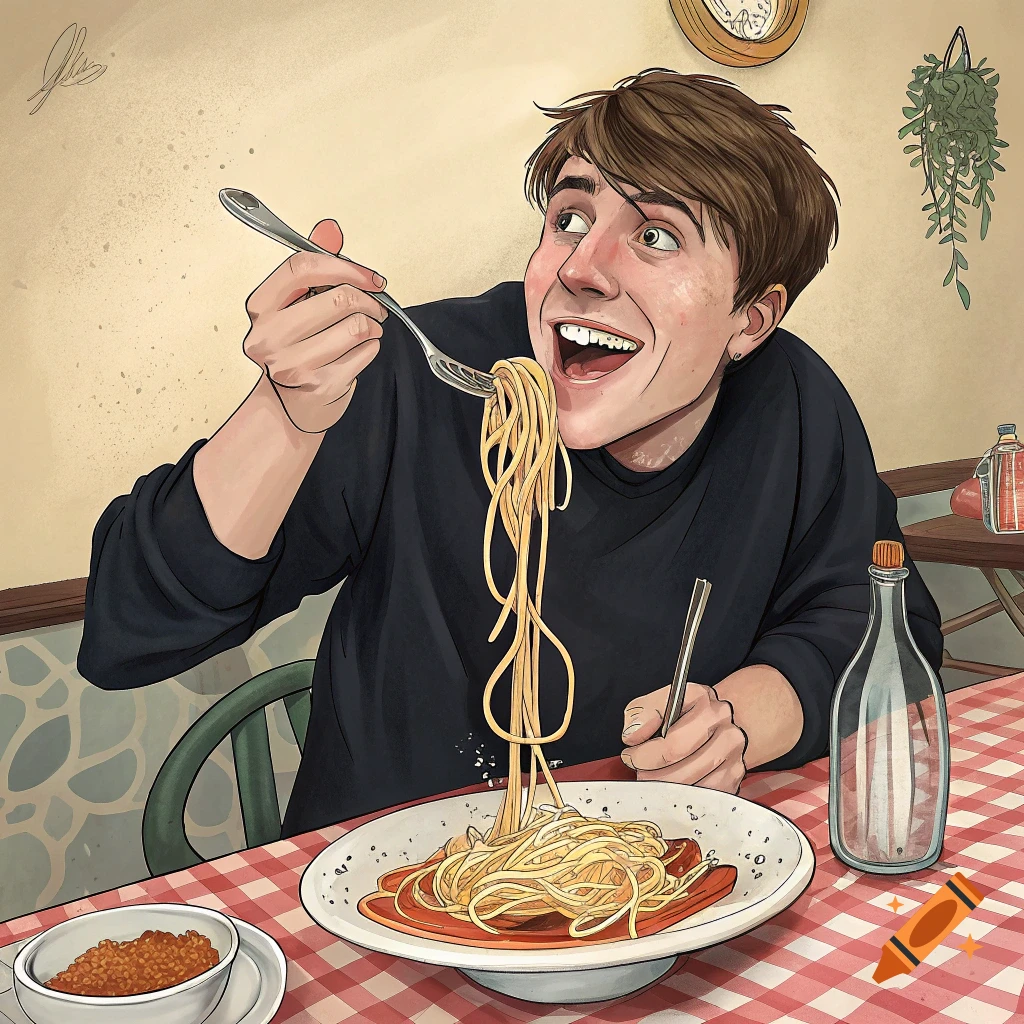 Stylized illustration of a man eagerly eating spaghetti with a large fork.