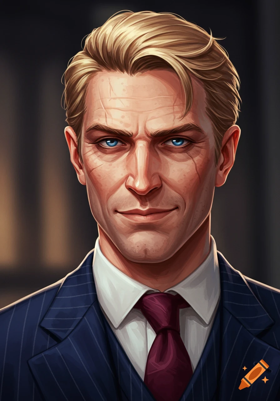 Portrait of a man in a blue pinstripe suit with dirty blond hair and scars, in a DND character art style.