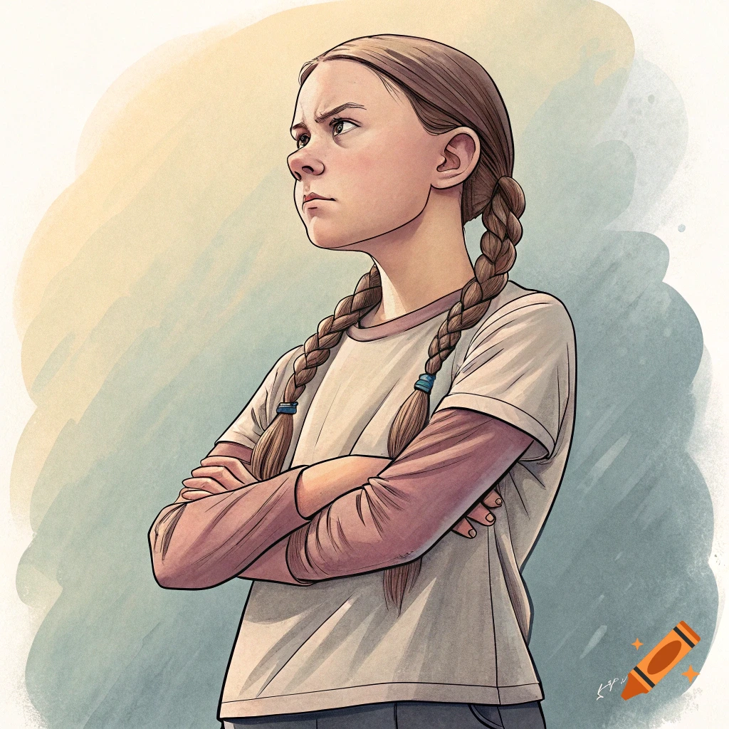 Portrait illustration of Greta Thunberg with crossed arms.