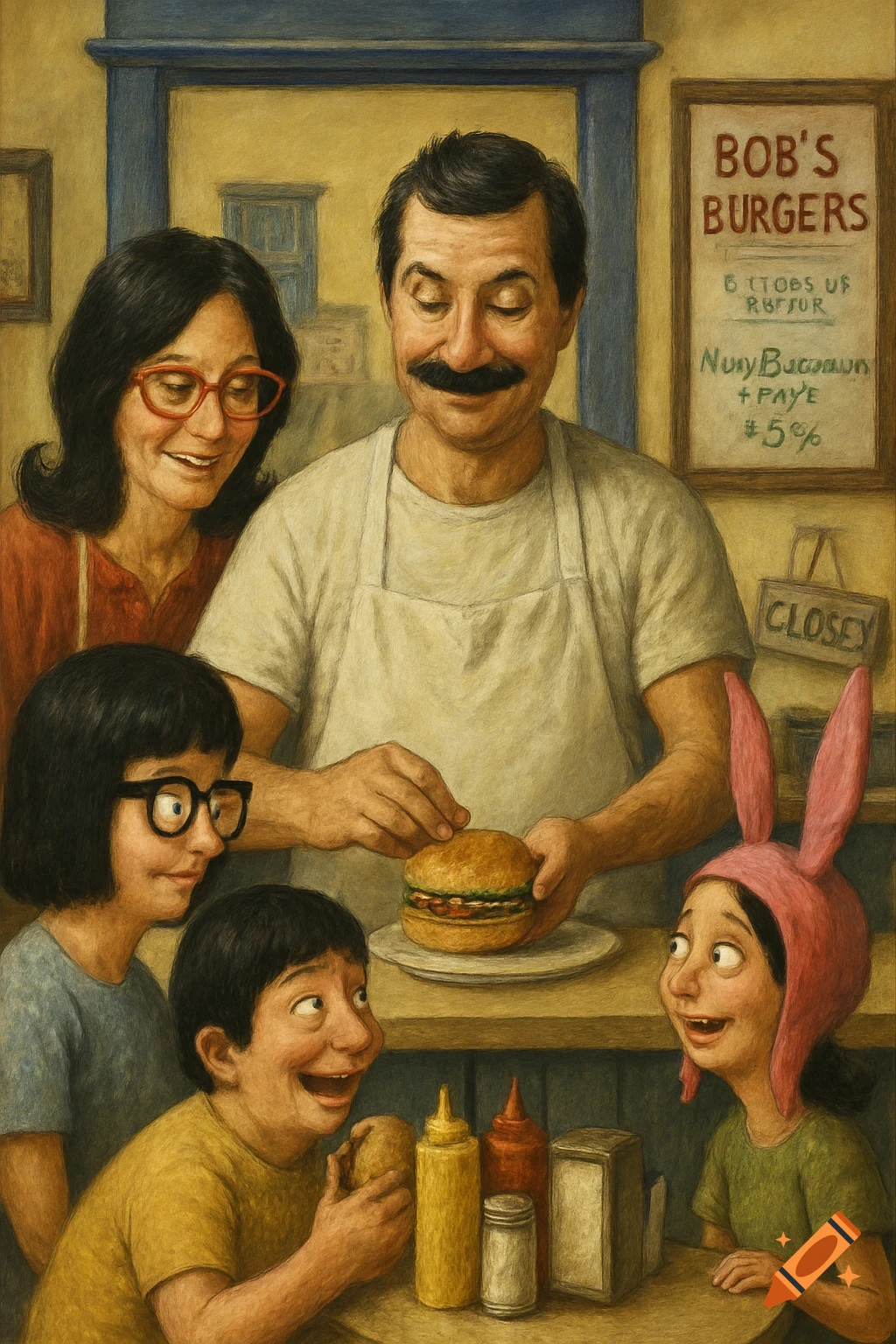 A Norman Rockwell style painting of the Bob's Burgers family inside their restaurant.