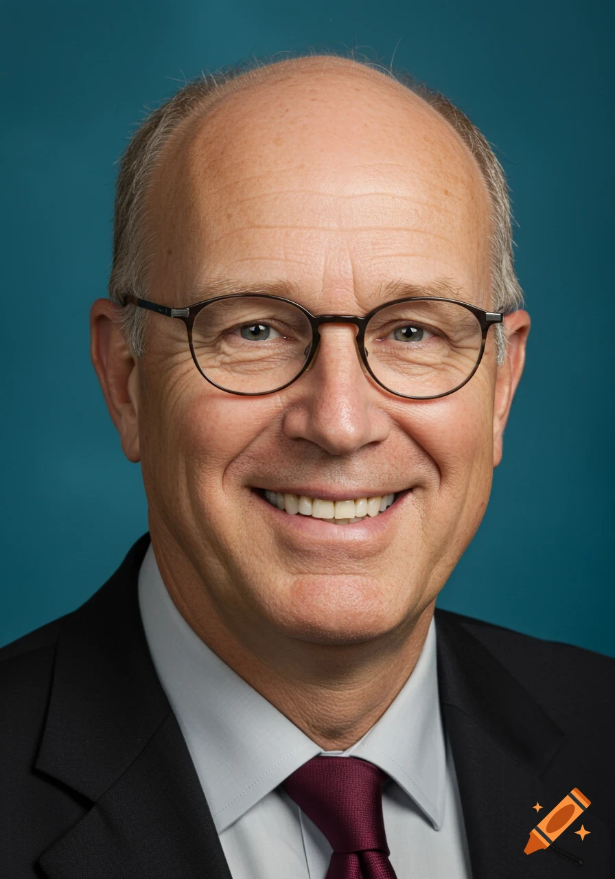 Close-up portrait of a smiling middle-aged man in a suit and glasses against a blue background.