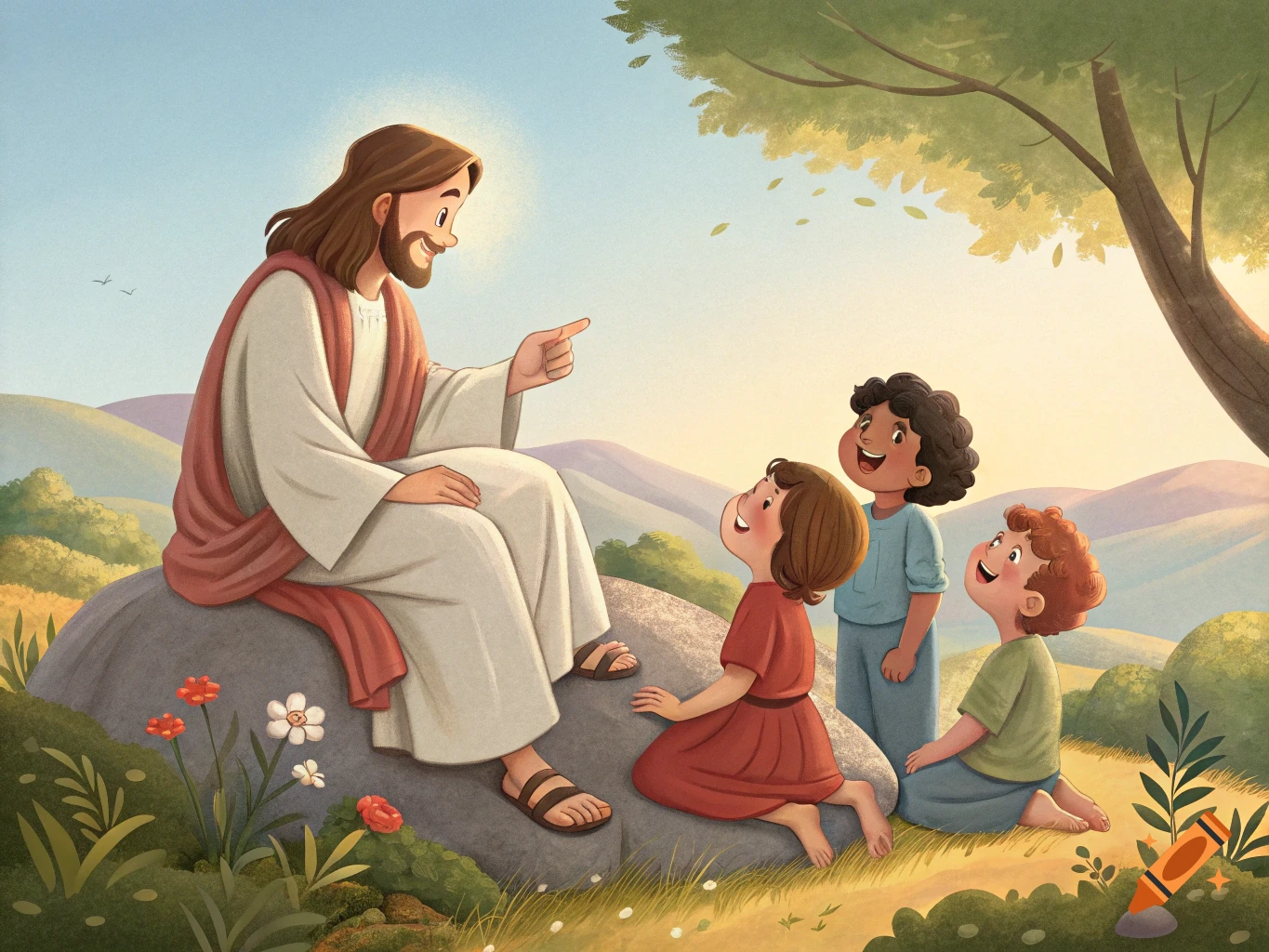 Jesus sits on a rock teaching children in a grassy landscape, illustration style