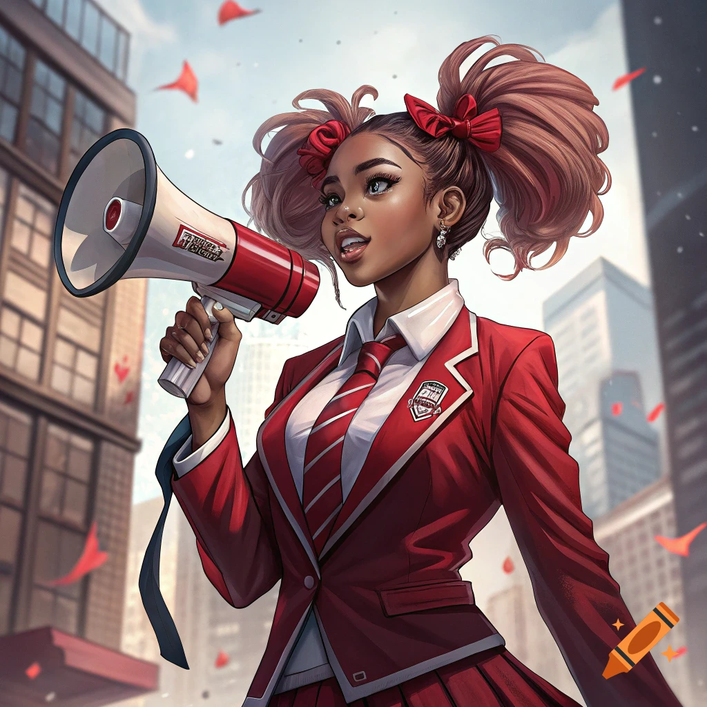 Anime style portrait of a young woman in a red school uniform holding a megaphone in a city.