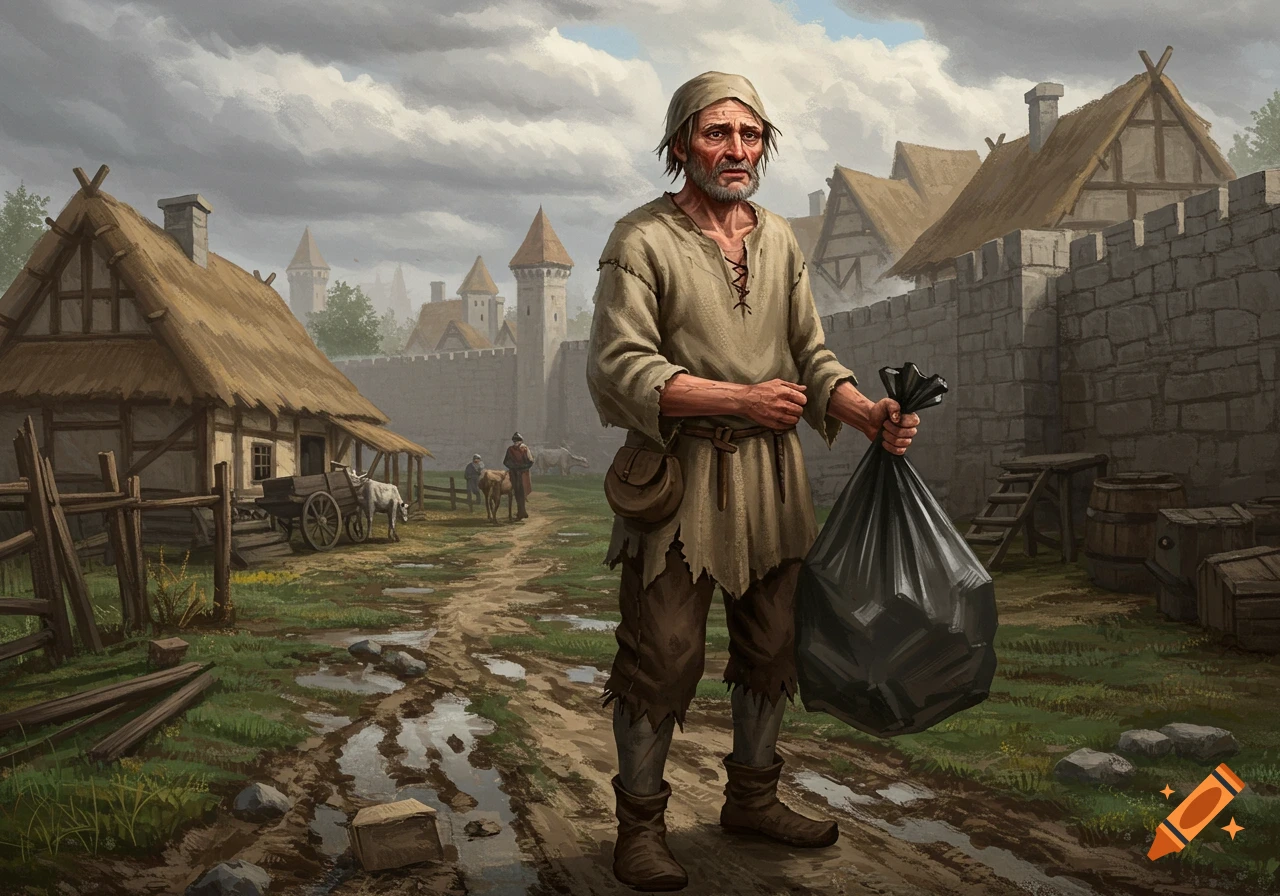 Image of a weary medieval peasant holding a black garbage bag in a muddy village street.