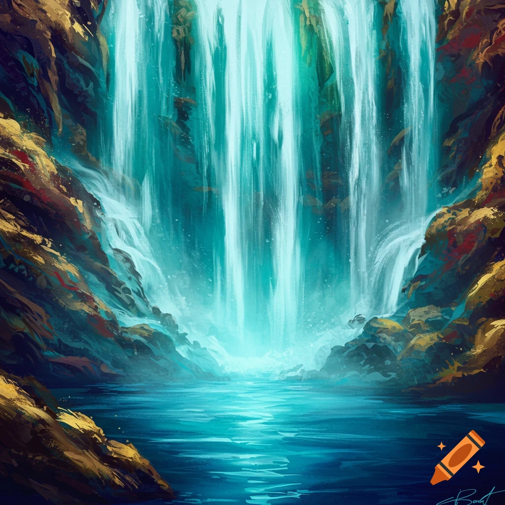 A vibrant, abstract waterfall cascading into a pool.
