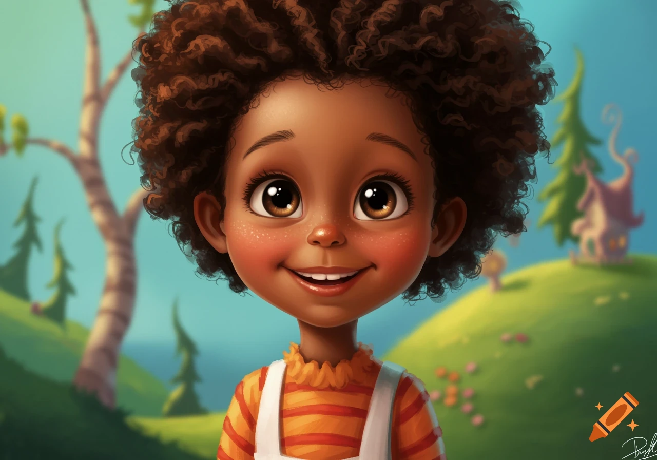 Cartoon portrait of a young Black girl with curly hair, big eyes, smiling, wearing stripes and overalls in a whimsical setting.