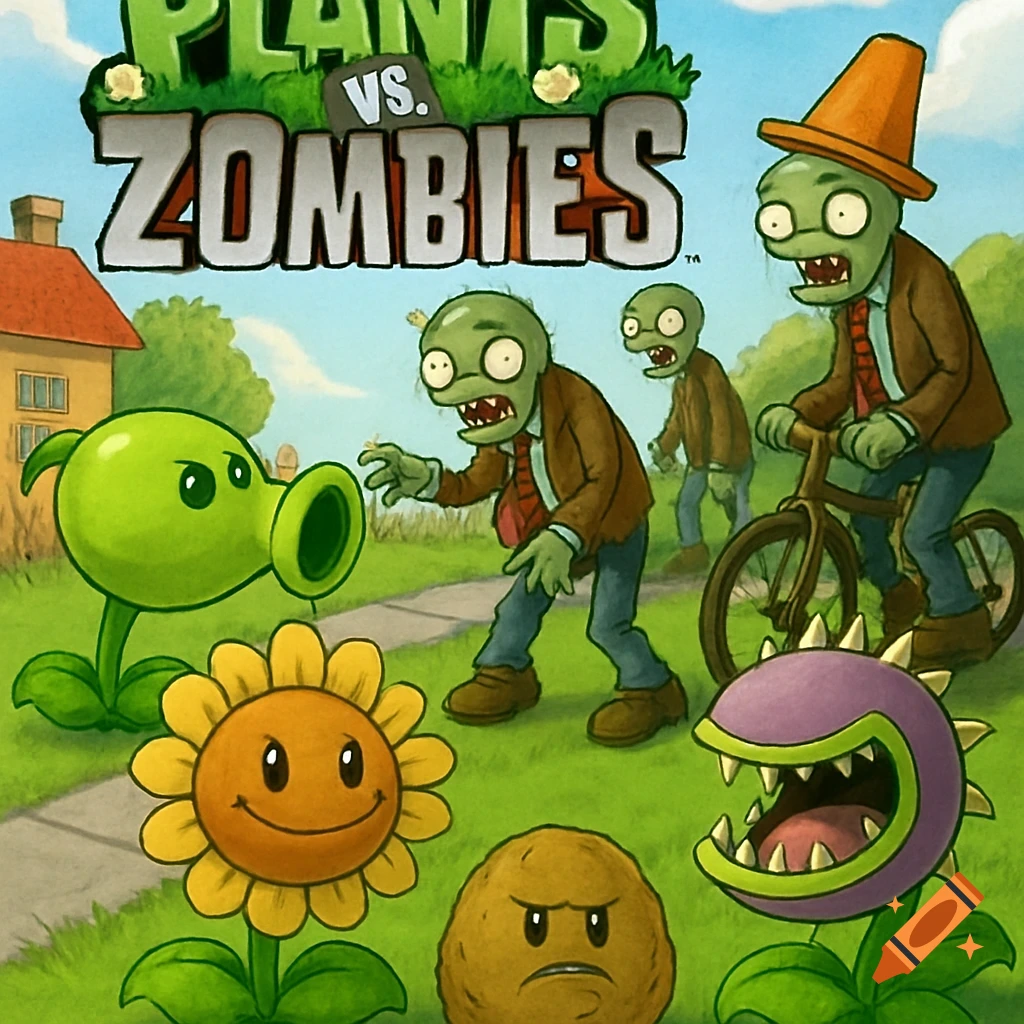 Illustration of Plants vs. Zombies characters including plants and zombies