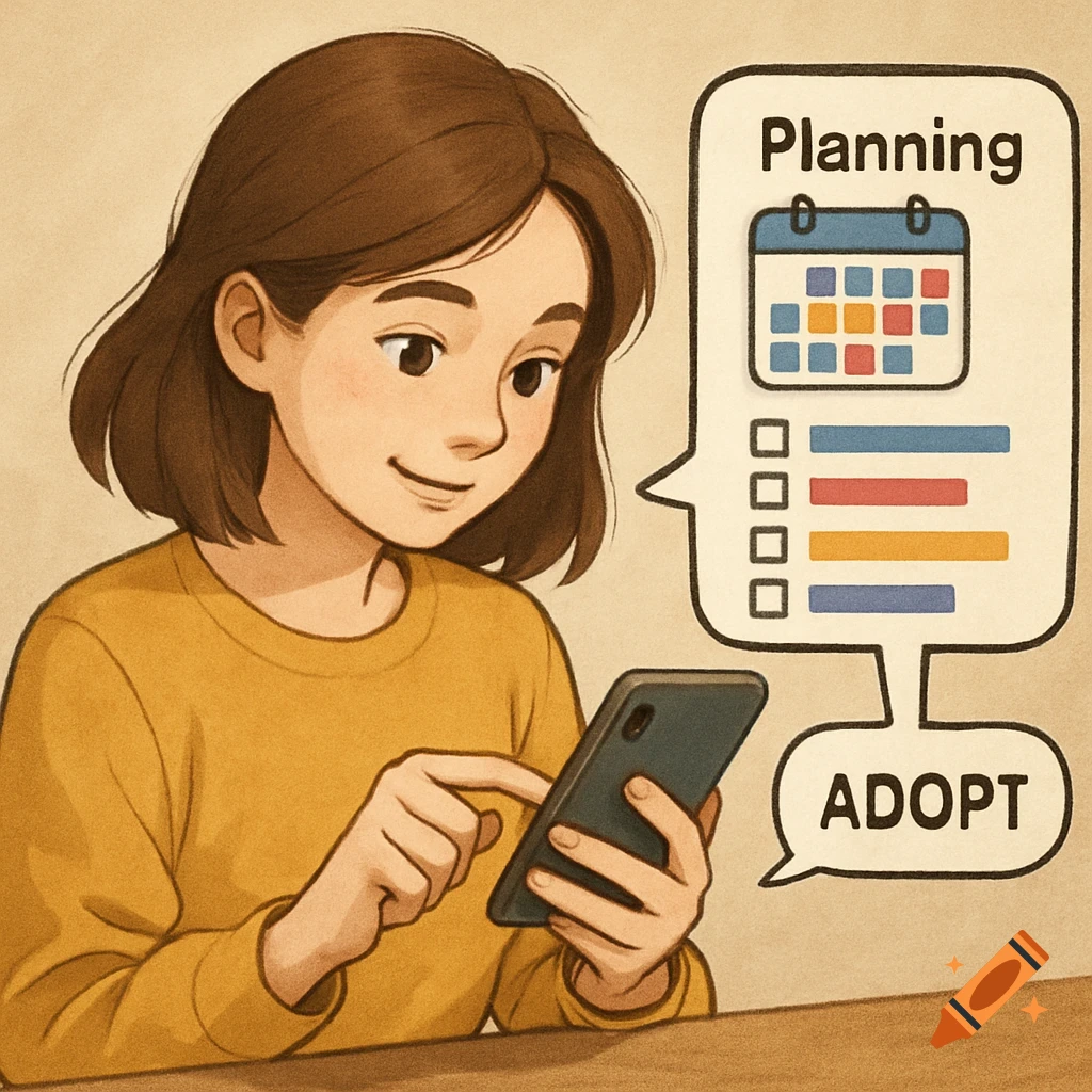 Digital illustration of a person using a phone, with speech bubbles showing a calendar for planning and the word ADOPT.