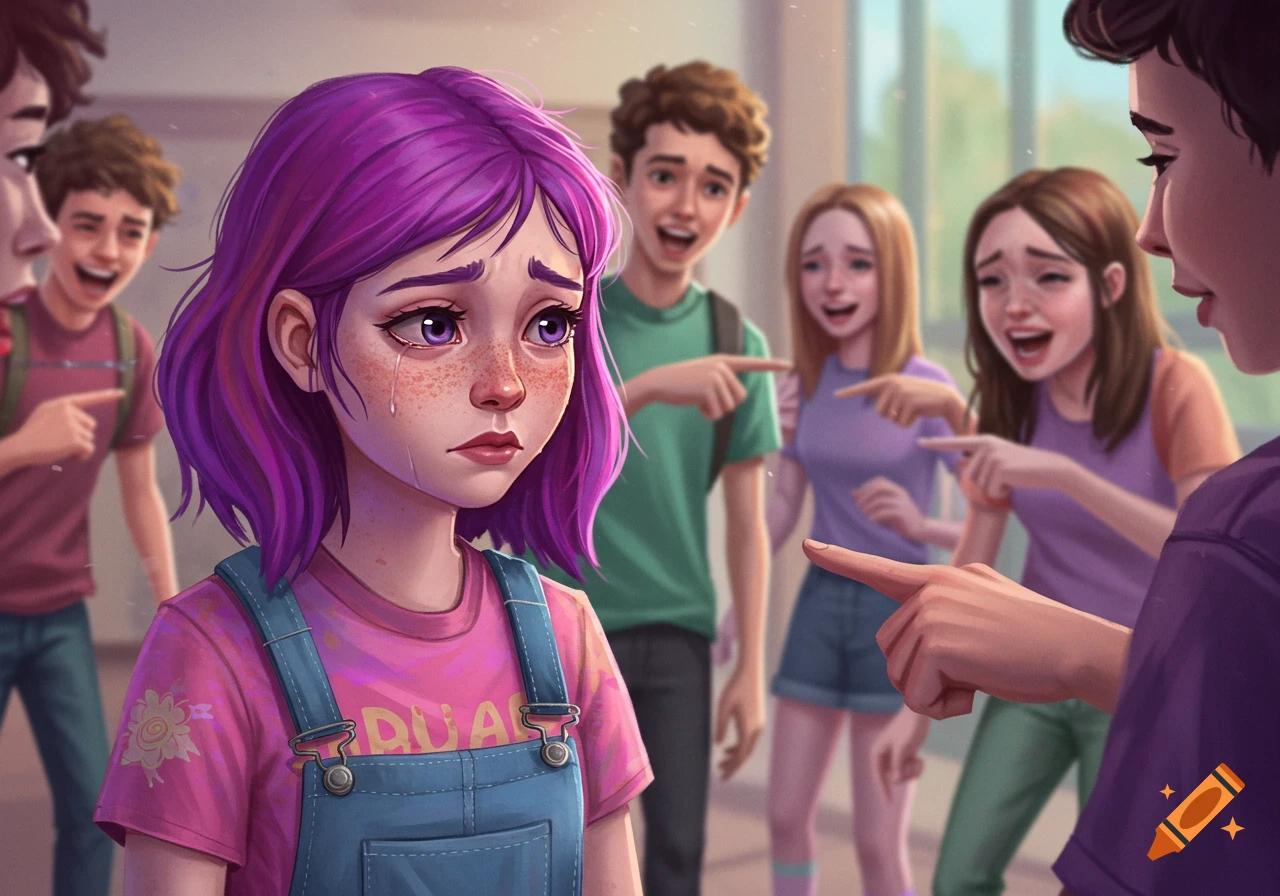 A sad girl with purple hair is being bullied by other kids in a school hallway.