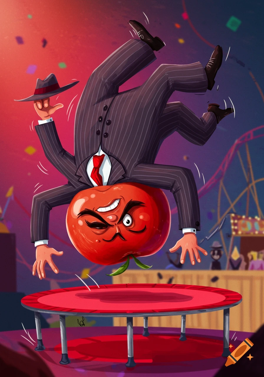 Cartoon red tomato in a suit jumping on a trampoline at a circus