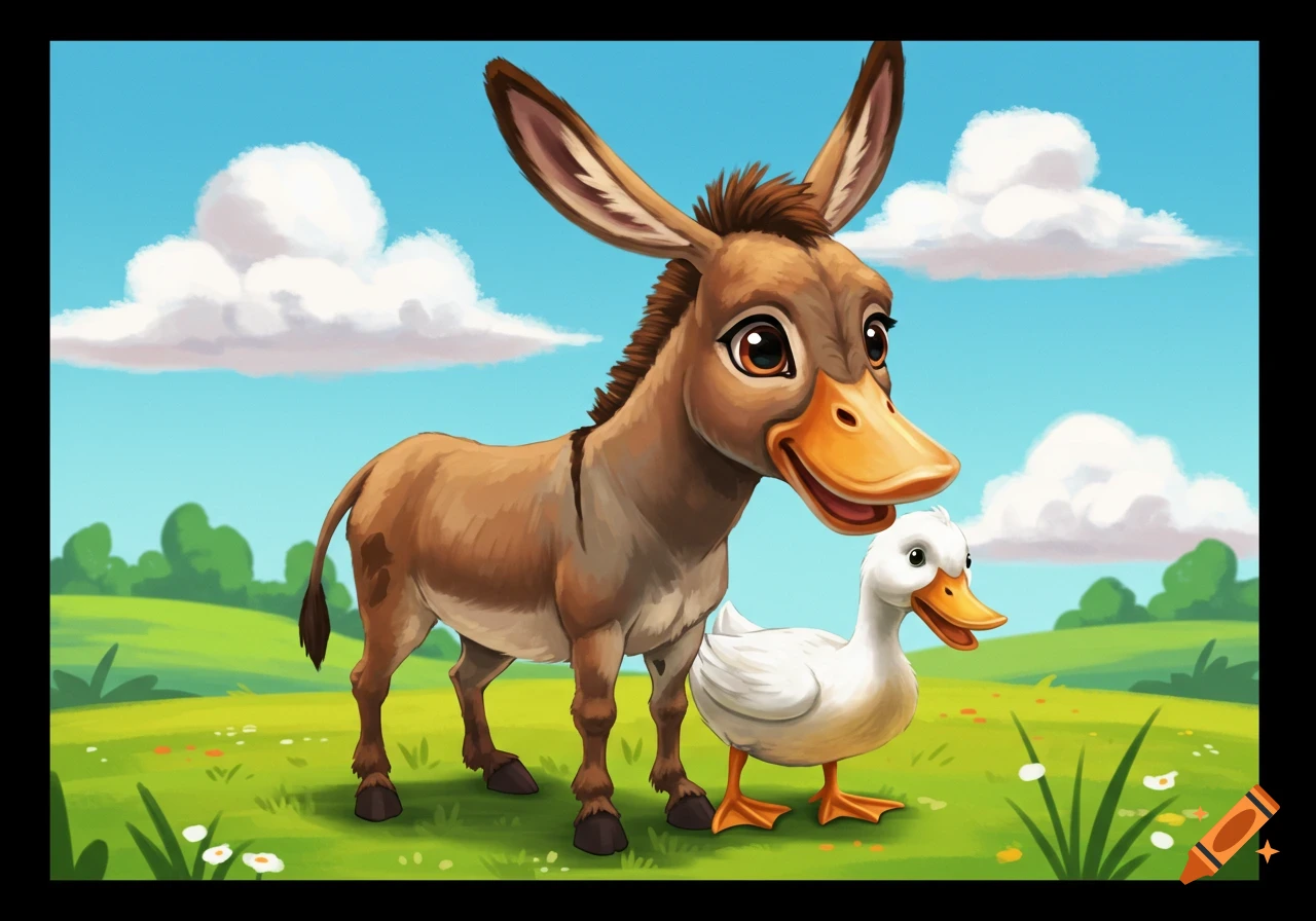 Cartoon of a donkey with a duck head standing next to a duck in a field.