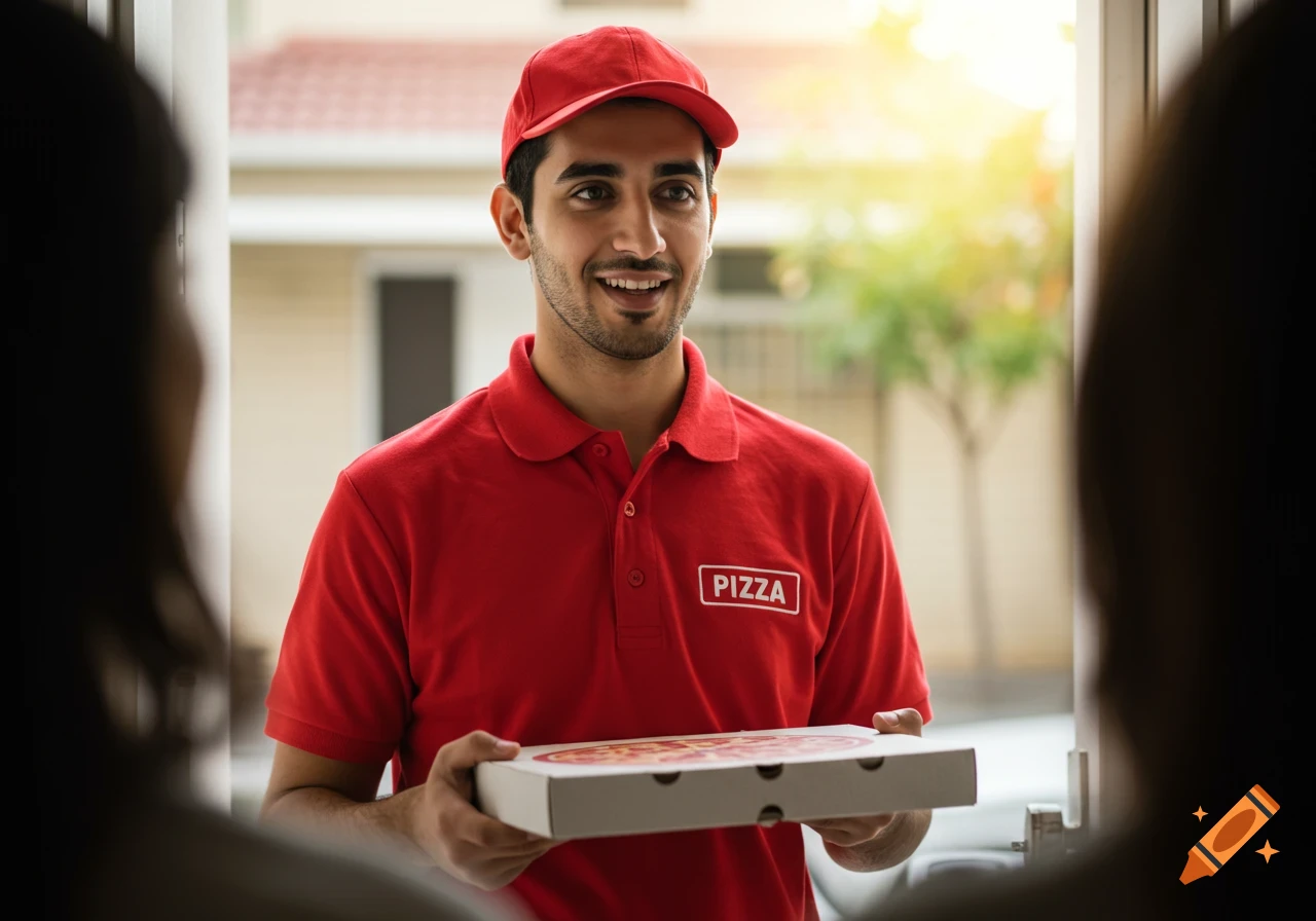 A pizza delivery man in a red shirt and cap holds a pizza box, standing at a doorway.