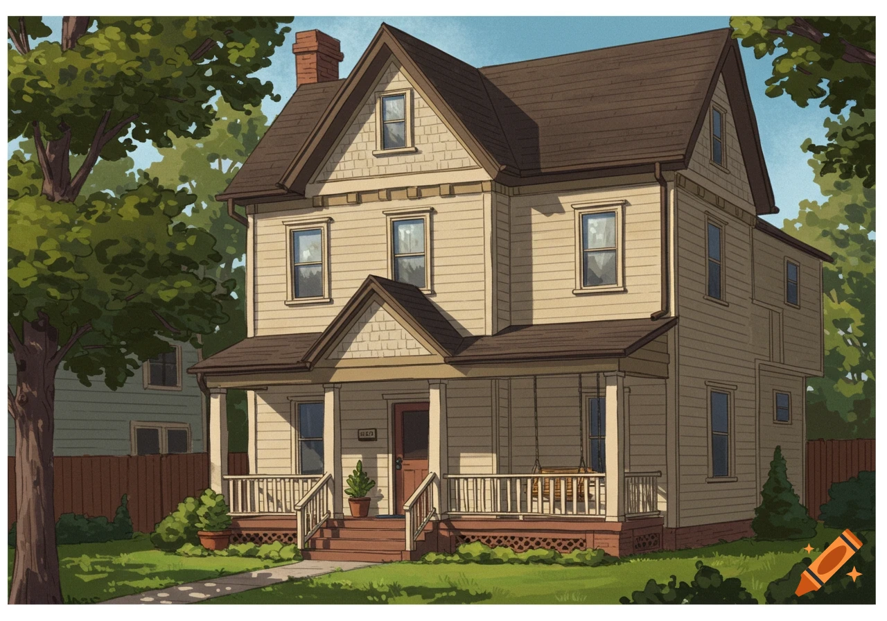 A two-story house with a porch and yard.