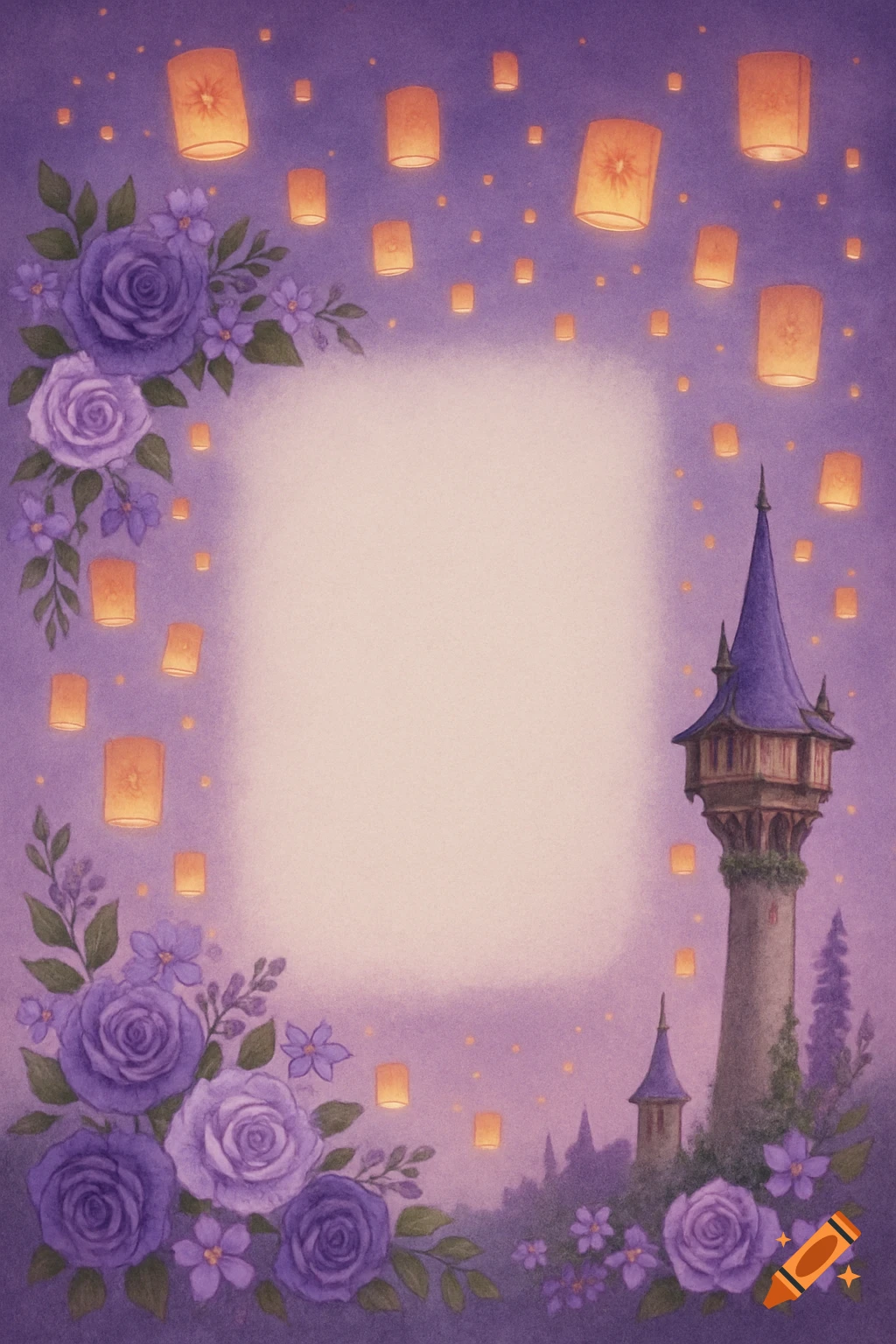 A fairytale background with a tower, floating lanterns, purple flowers, and a space in the middle.