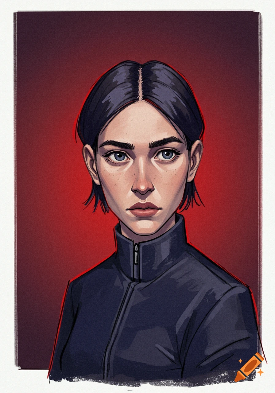 A stylized digital portrait illustration of a woman in a dark jacket against a red background.