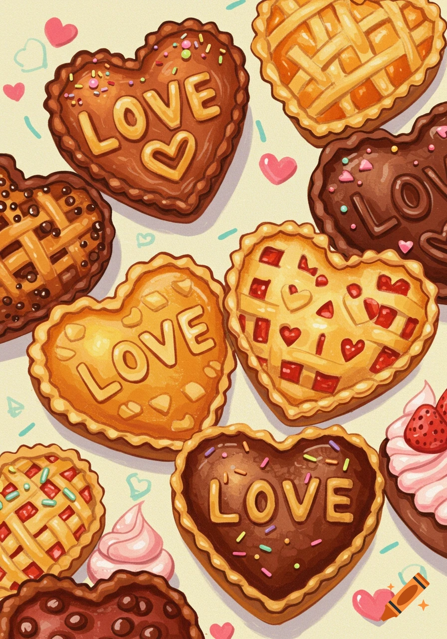 Heart-shaped cookies and pies decorated with 'LOVE', lattice, frosting, and sprinkles.
