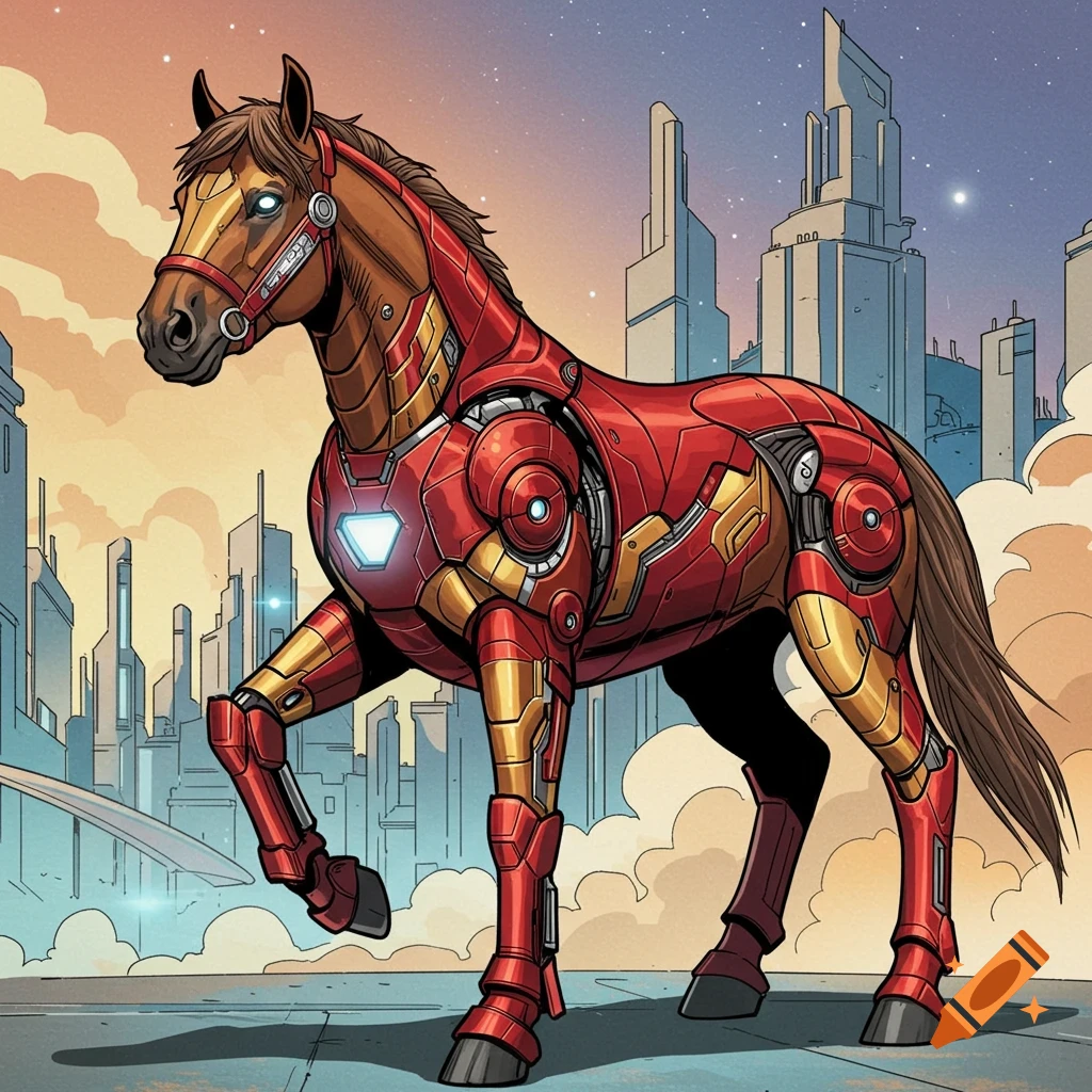 A horse wearing red and gold Iron Man armor stands in a futuristic city.