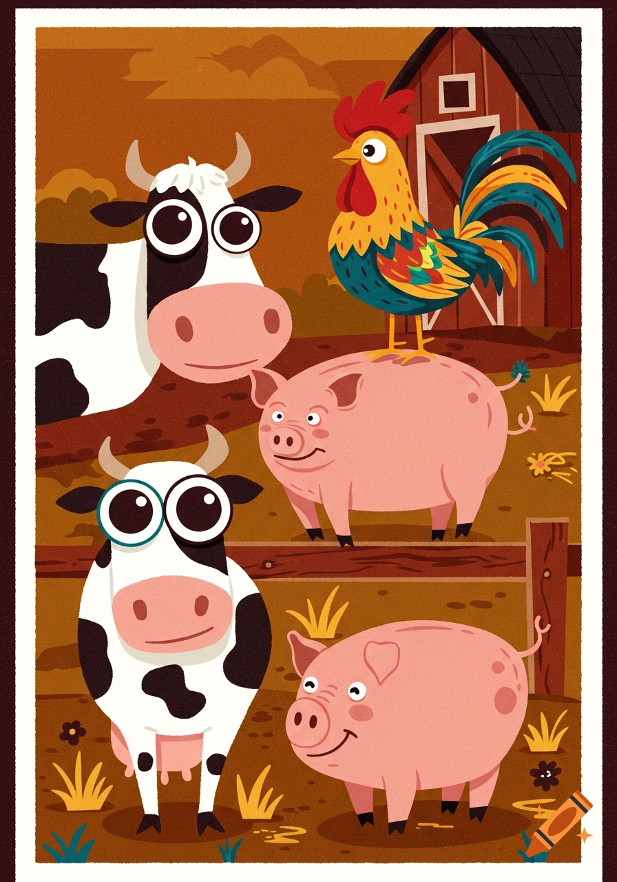 Cartoon illustration of two cows, two pigs, and a rooster on a farm.