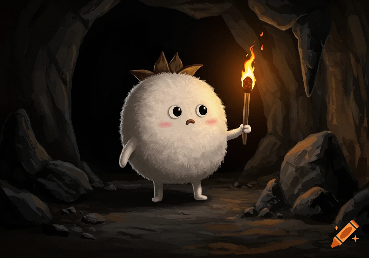 A cute fuzzy creature with a torch explores a dark cave.