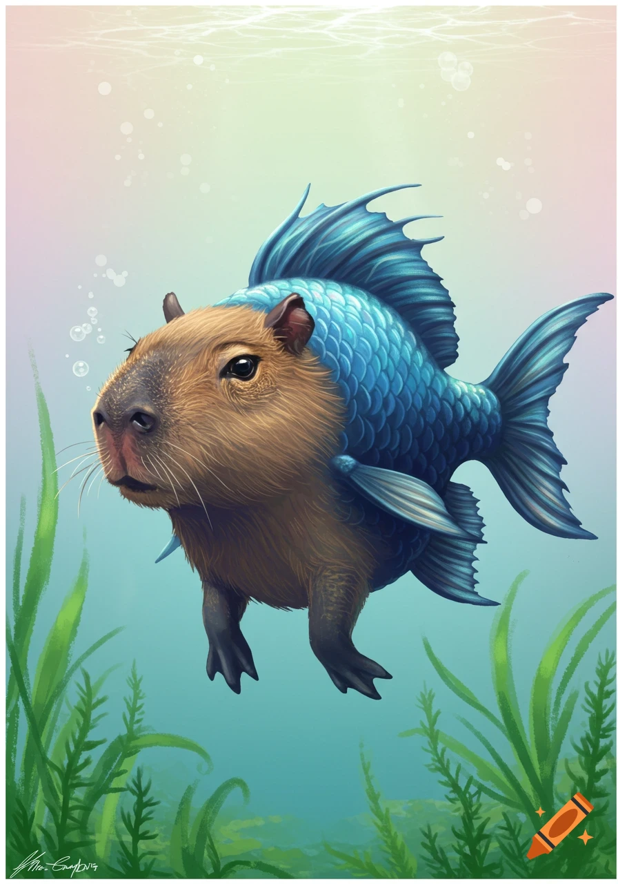 A capybara with a fish tail and fins swimming underwater