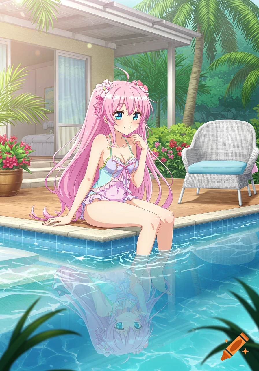 An anime girl with pink hair sits on the edge of a private pool with her feet in the water.