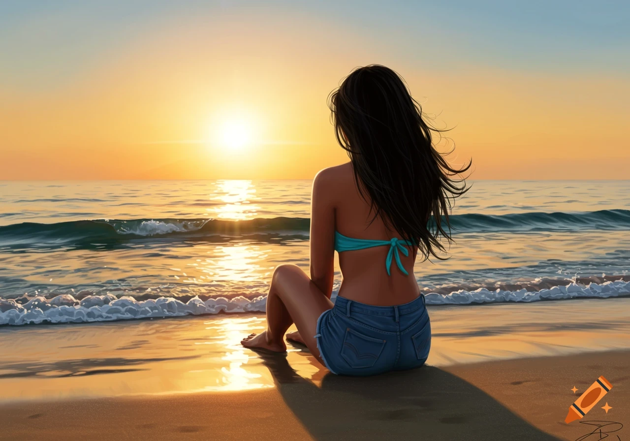 A person sitting on a beach watching the sunset over the ocean.
