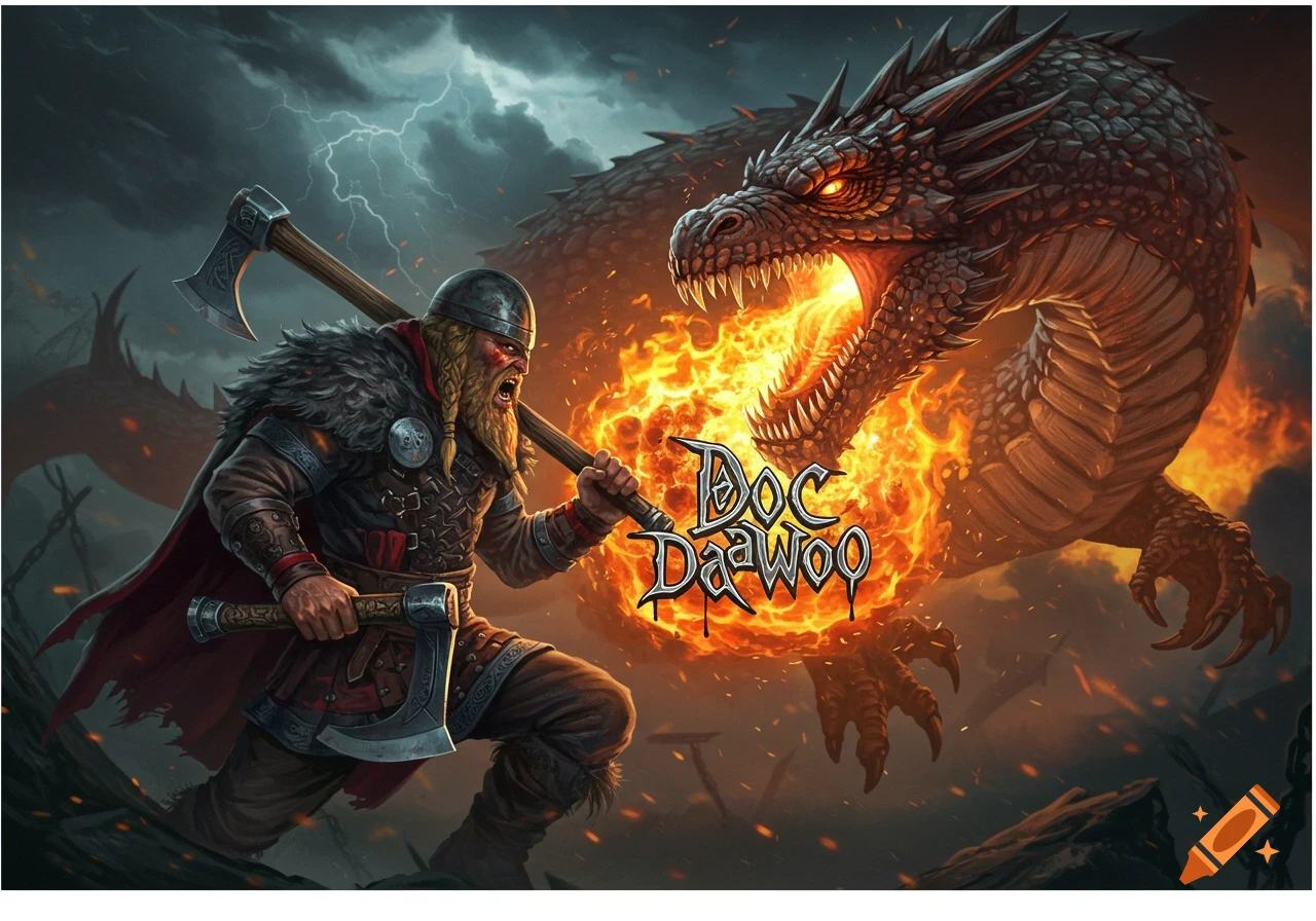 A viking fighting a dragon breathing fire under a stormy sky.