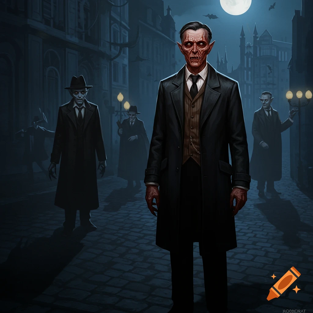 Nosferatu vampire detective and others on a dark city street at night.