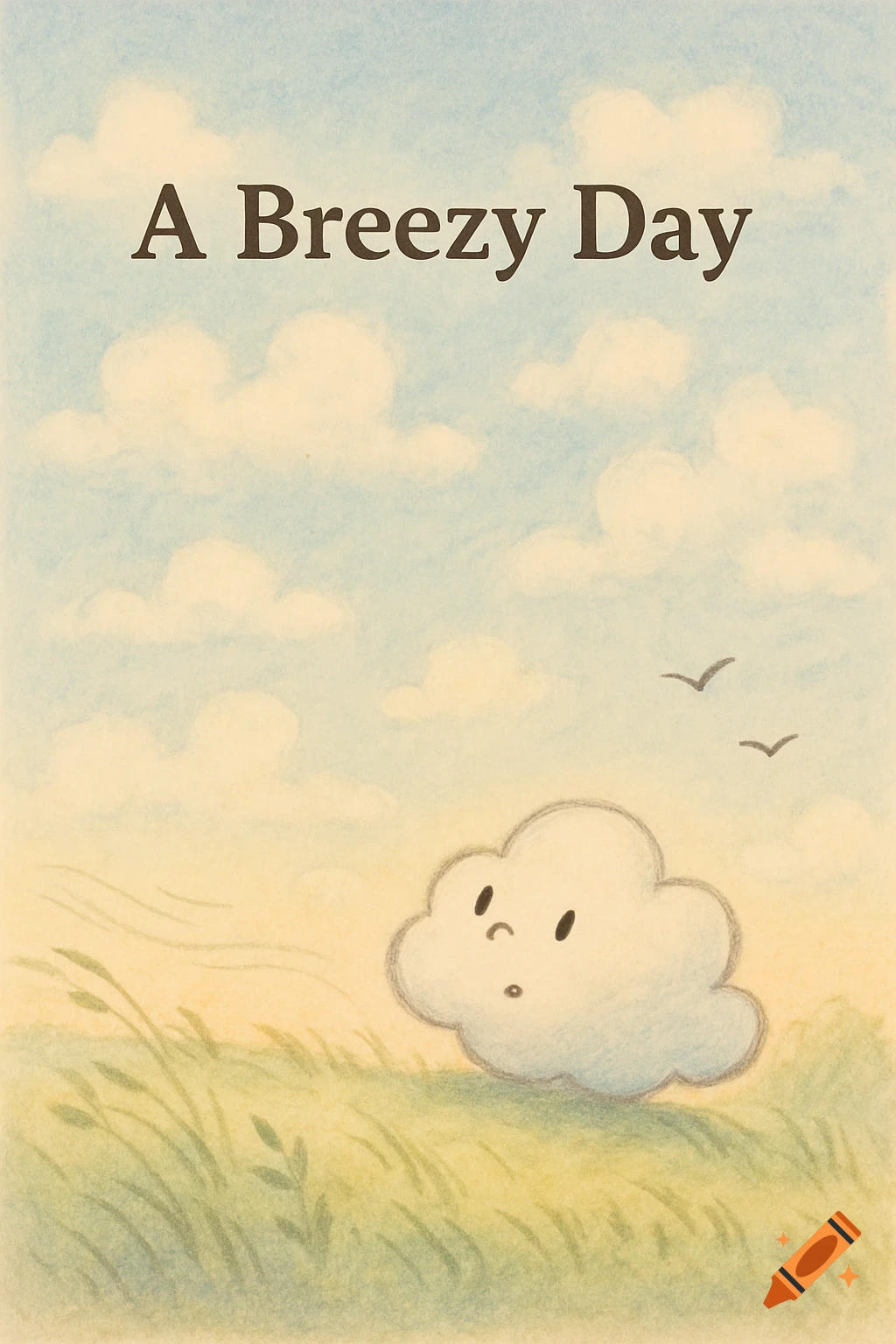 Illustration of a cartoon cloud with a face in a windy field under a cloudy sky with birds. Title reads 'A Breezy Day'.